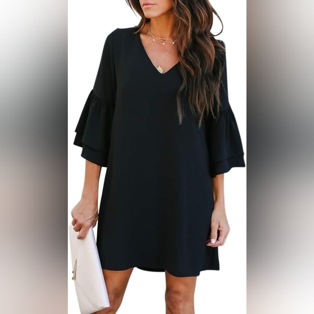 BELONGSCI Women's 2024 Summer V-Neck Bell Sleeve Shift Dress Size M